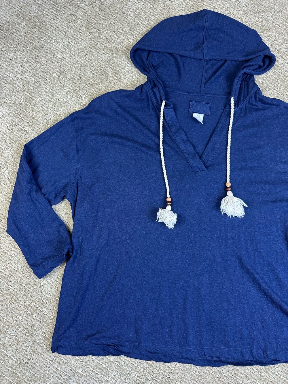 Sigrid Olsen Linen-Blend Blue Hoodie Sweater Tassel Coastal Grandma Boho Chic 1X